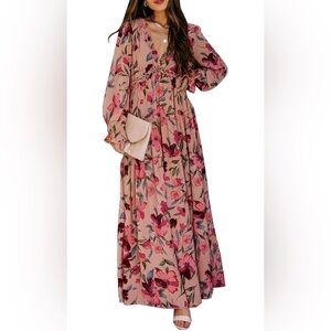 Womens Casual Floral Deep V Neck Long Sleeve Maxi Dress | Sz L